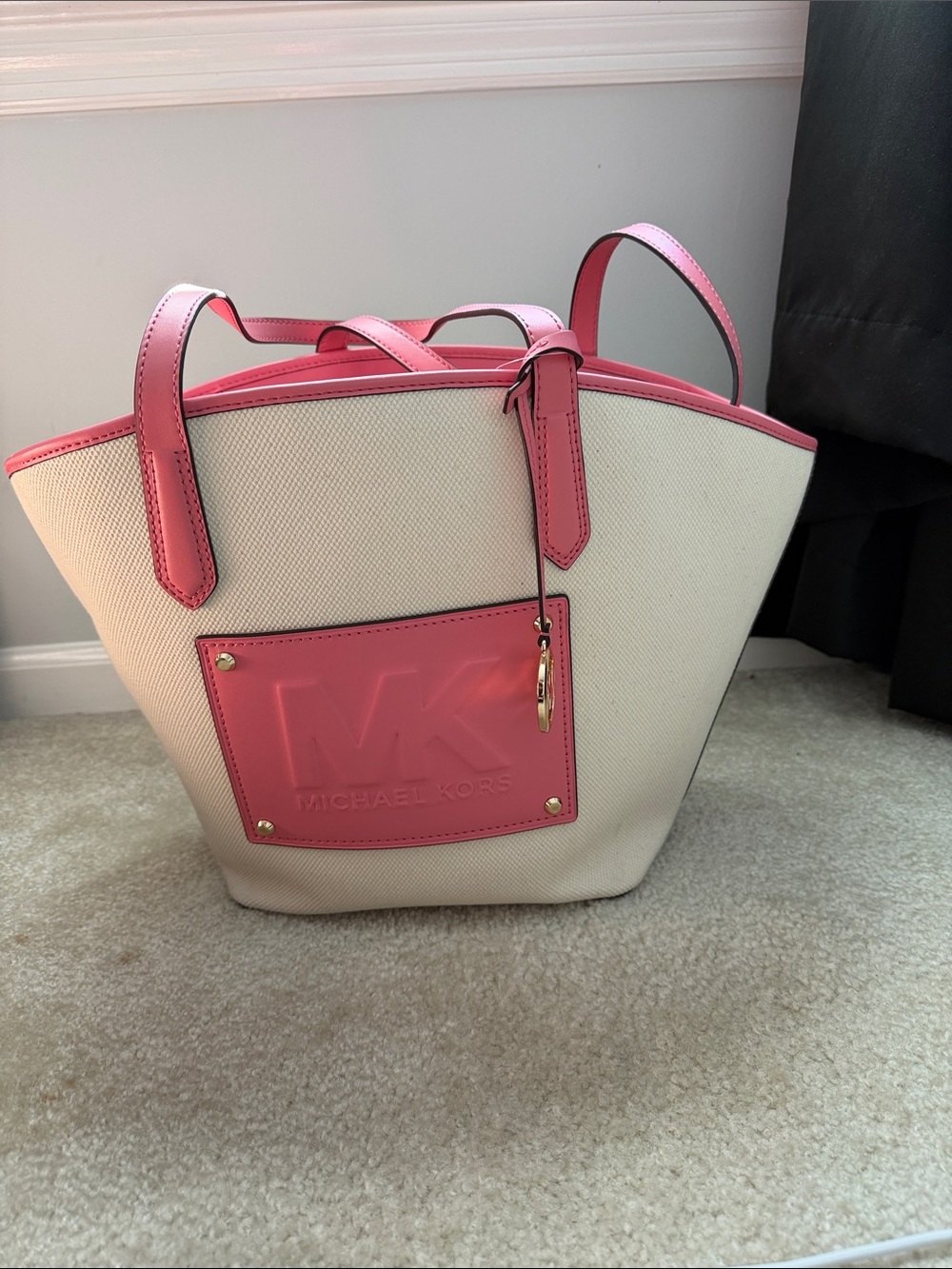 Michael Kors Cream Canvas Tote with Pink Trim